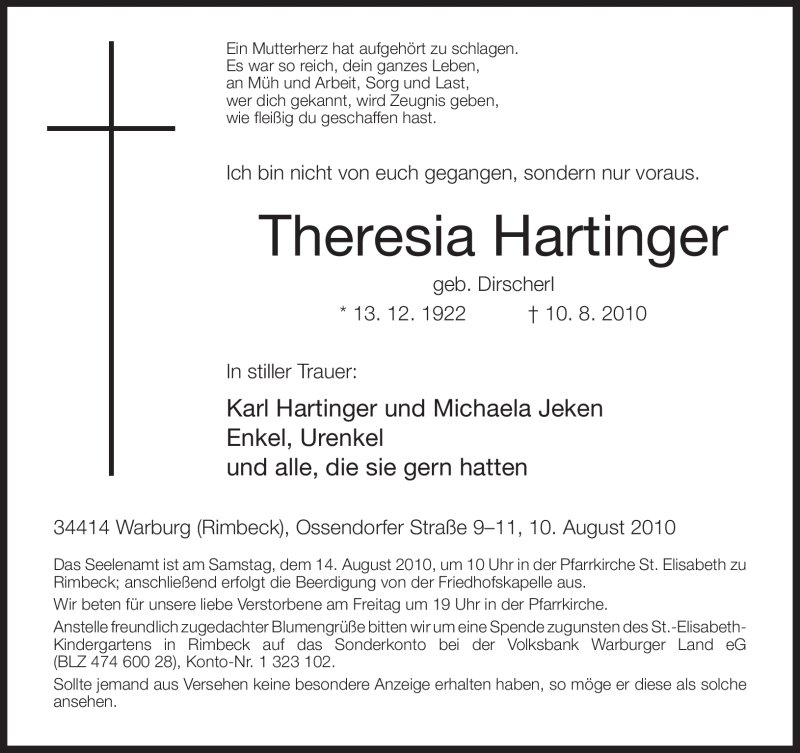  Traueranzeige für Theresia Hartinger vom 12.08.2010 aus Tageszeitung