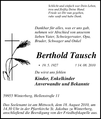Traueranzeige von Berthold Tausch von Tageszeitung