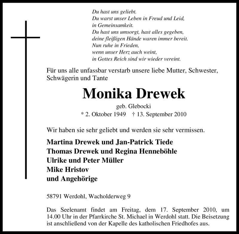  Traueranzeige für Monika Drewek vom 15.09.2010 aus Tageszeitung