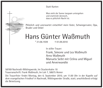 Traueranzeige von Hans Günter Waßmuth von Tageszeitung
