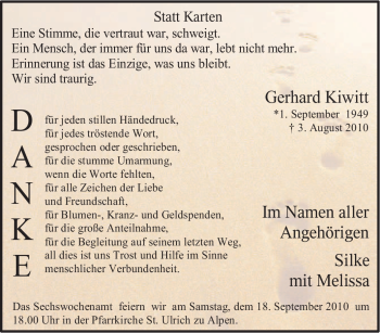 Traueranzeige von Gerhard Kiwitt von Tageszeitung