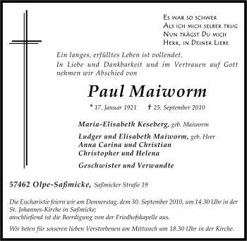 Traueranzeige von Paul Maiworm von Tageszeitung