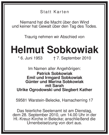 Traueranzeige von Helmut Sobkowiak von Tageszeitung