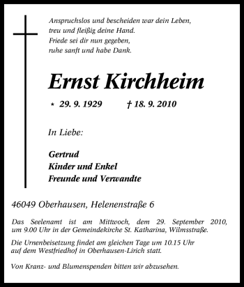 Traueranzeige von Ernst Kirchheim von Tageszeitung