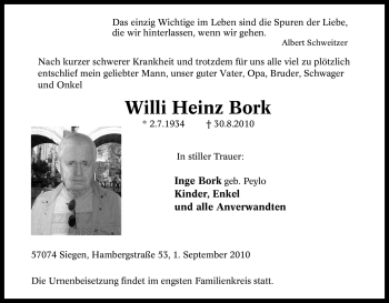 Traueranzeige von Willi Heinz Bork von Tageszeitung