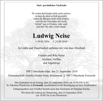 Traueranzeige von Ludwig Neise von Tageszeitung