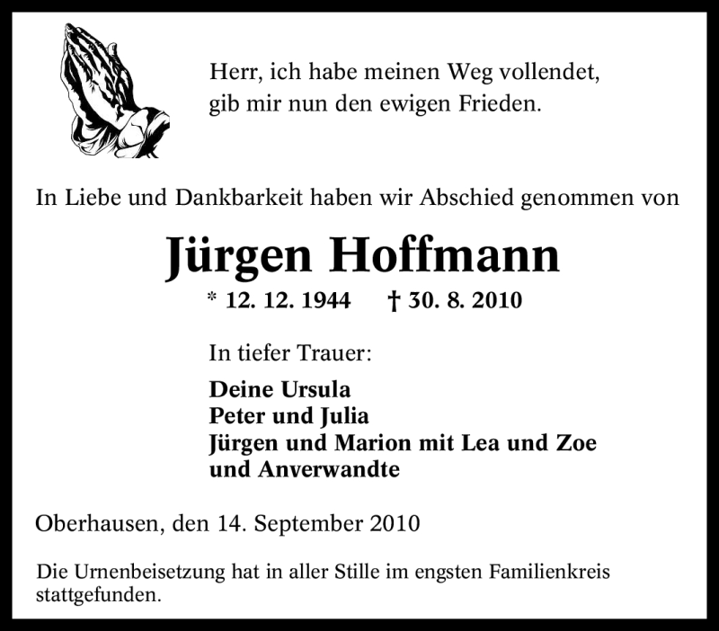 Traueranzeige für Jürgen Hoffmann vom 14.09.2010 aus Tageszeitung