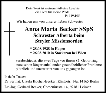 Traueranzeige von Anna Maria Becker von Tageszeitung