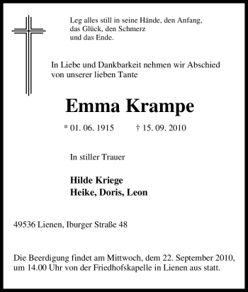 Traueranzeige von Emma Krampe von Tageszeitung