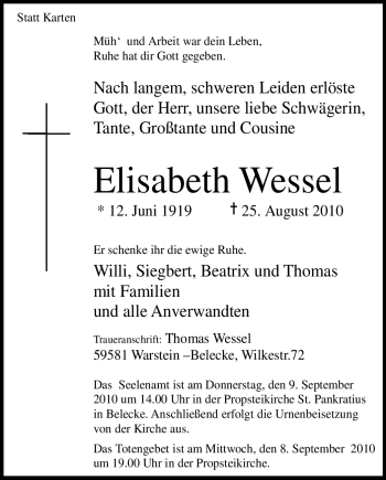 Traueranzeige von Elisabeth Wessel von Tageszeitung