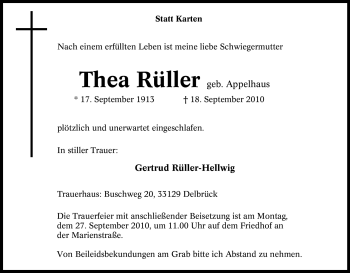 Traueranzeige von Thea Rüller von Tageszeitung