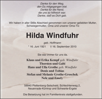 Traueranzeige von Hilda Windfuhr von Tageszeitung