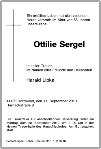 Traueranzeige von Ottilie Sergel von Tageszeitung