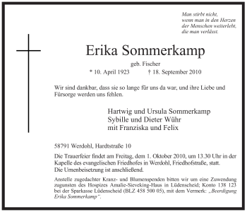 Traueranzeige von Erika Sommerkamp von Tageszeitung