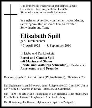 Traueranzeige von Elisabeth Spill von Tageszeitung
