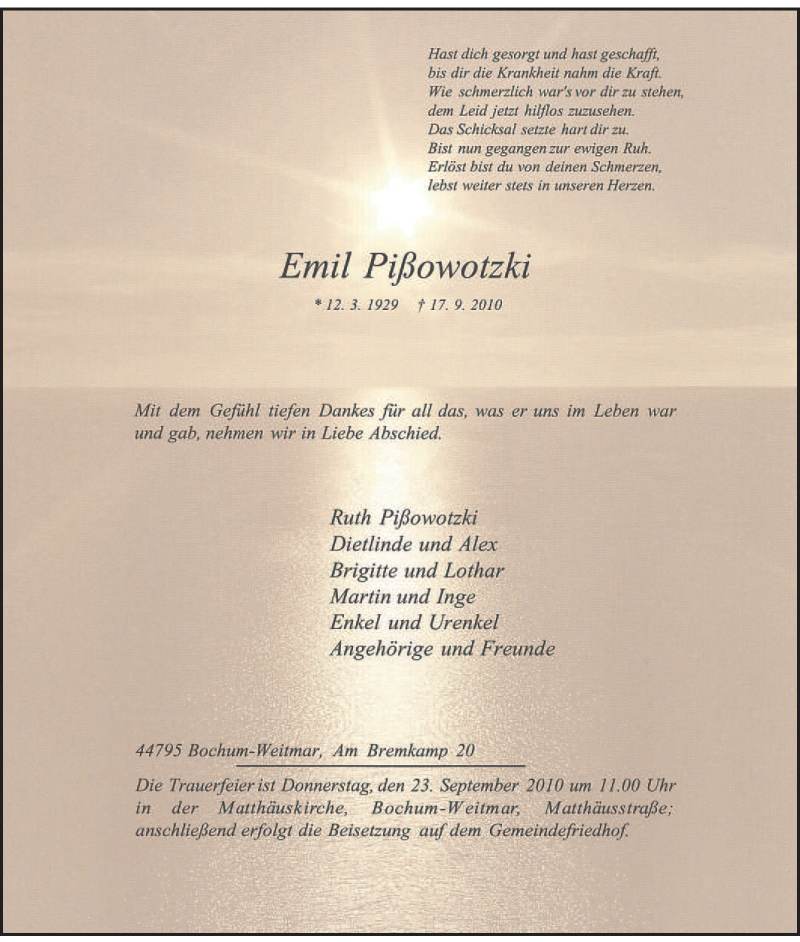 Traueranzeige für Emil Pißowotzki vom 21.09.2010 aus Tageszeitung