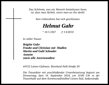 Traueranzeige von Helmut Gahr von Tageszeitung