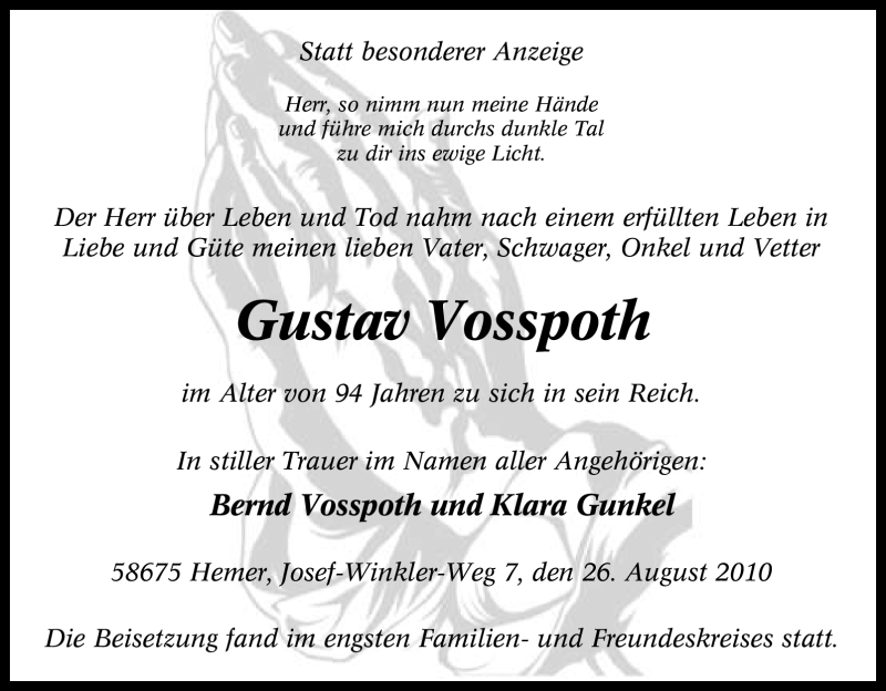  Traueranzeige für Gustav Vosspoth vom 02.09.2010 aus Tageszeitung