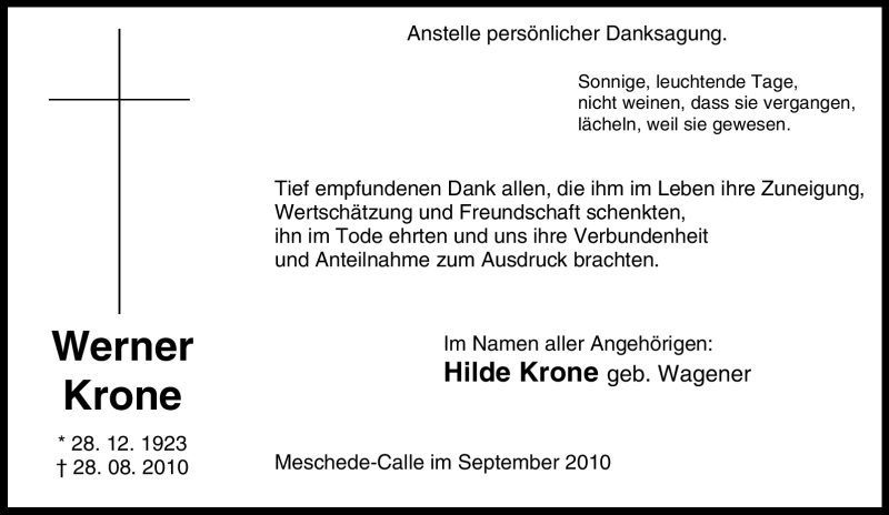  Traueranzeige für Werner Krone vom 25.09.2010 aus Tageszeitung