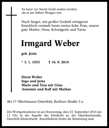 Traueranzeige von Irmgard Weber von Tageszeitung