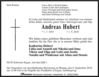 Traueranzeige von Andreas Hubert von Tageszeitung