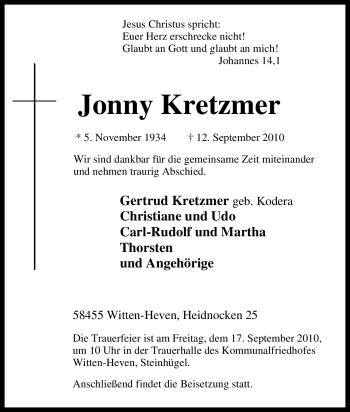 Traueranzeige von Jonny Kretzmer von Tageszeitung