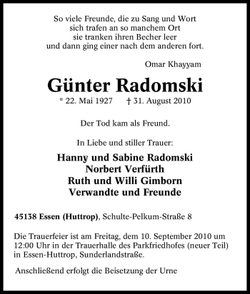 Traueranzeige von Günter Radomski von Tageszeitung