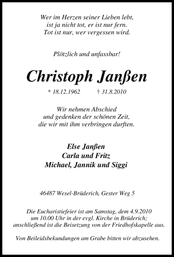 Traueranzeige von Christoph Janßen von Tageszeitung