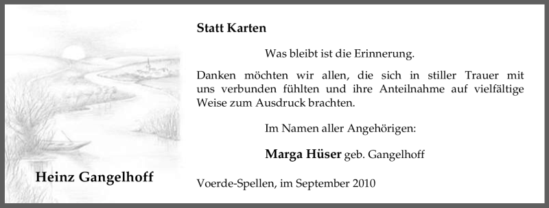  Traueranzeige für Heinz Gangelhoff vom 11.09.2010 aus Tageszeitung