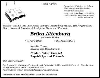 Traueranzeige von Erika Altenburg von Tageszeitung