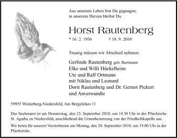 Traueranzeige von Horst Rautenberg von Tageszeitung