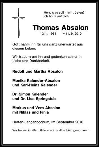 Traueranzeige von Thomas Absalon von Tageszeitung