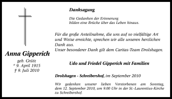 Traueranzeige von Anna Gipperich von Tageszeitung