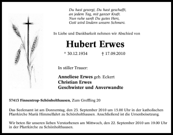 Traueranzeige von Hubert Erwes von Tageszeitung