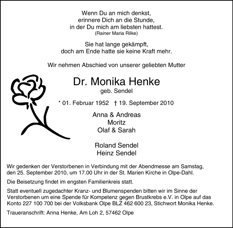  Traueranzeige für Monika Henke vom 23.09.2010 aus Tageszeitung