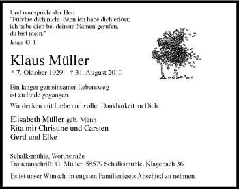 Traueranzeige von Klaus Müller von Tageszeitung