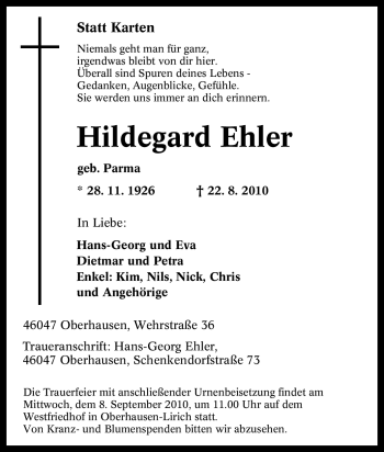 Traueranzeige von Hildegard Ehler von Tageszeitung