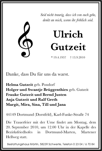 Traueranzeige von Ulrich Gutzeit von Tageszeitung