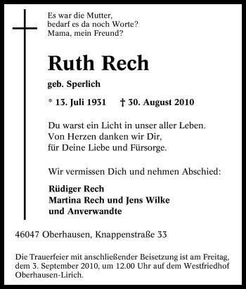 Traueranzeige von Ruth Rech von Tageszeitung