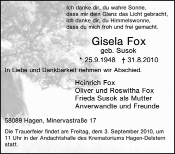 Traueranzeige von Gisela Fox von Tageszeitung