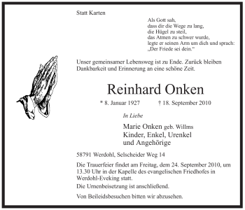 Traueranzeige von Reinhard Onken von Tageszeitung