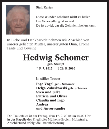Traueranzeige von Hedwig Schomer von Tageszeitung