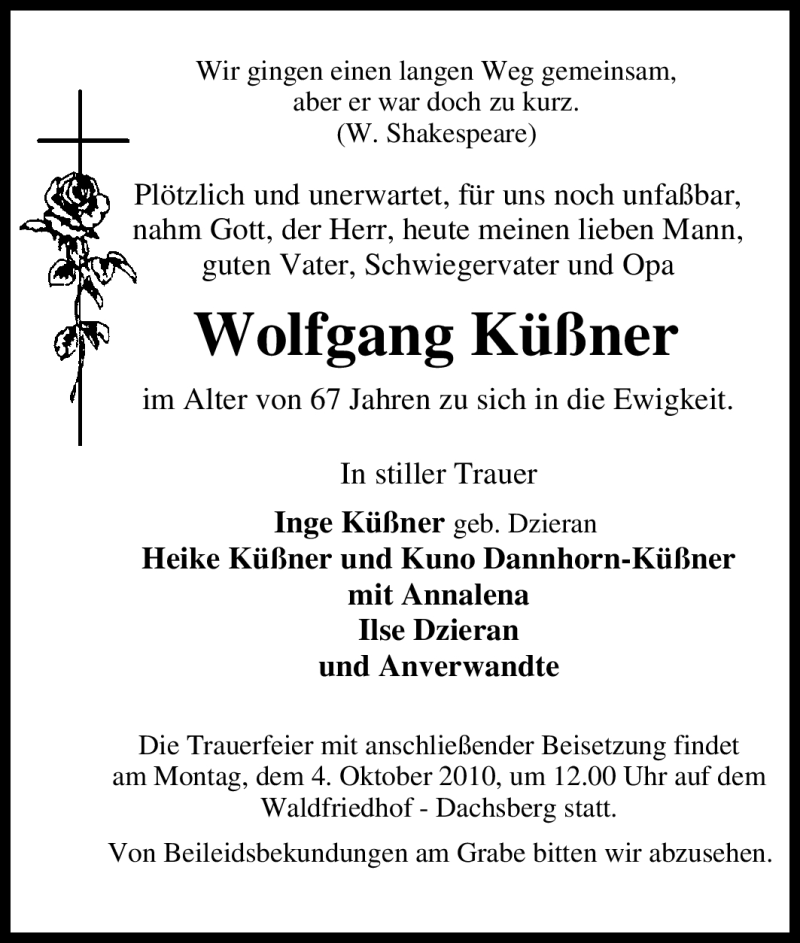  Traueranzeige für Wolfgang Küßner vom 29.09.2010 aus Tageszeitung