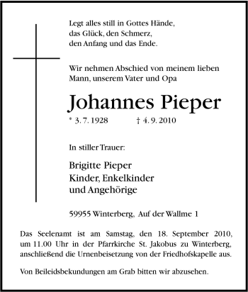 Traueranzeige von Johannes Pieper von Tageszeitung