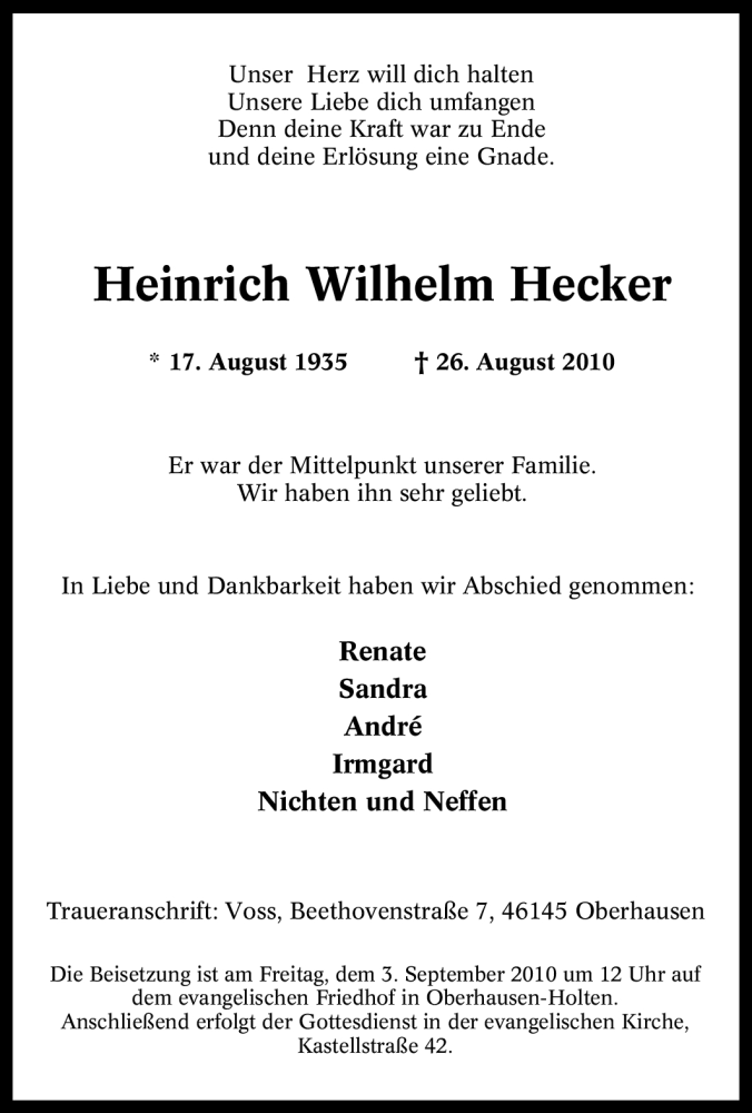  Traueranzeige für Heinrich Wilhelm Hecker vom 01.09.2010 aus Tageszeitung