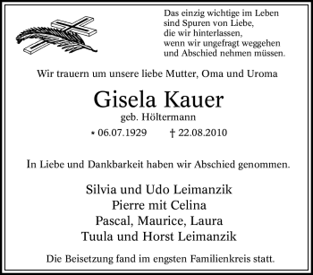 Traueranzeige von Gisela Kauer von Tageszeitung