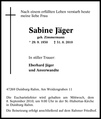 Traueranzeige von Sabine Jäger von Tageszeitung