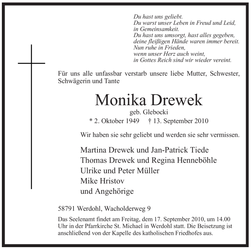  Traueranzeige für Monika Drewek vom 15.09.2010 aus Tageszeitung