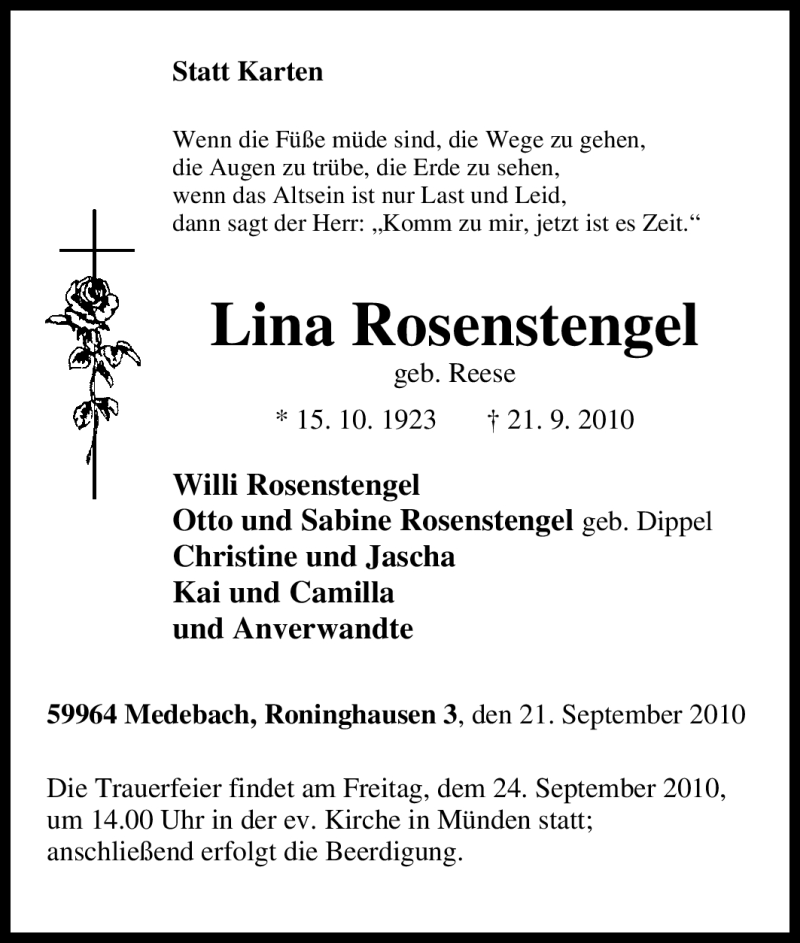  Traueranzeige für Lina Rosenstengel vom 23.09.2010 aus Tageszeitung