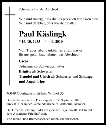 Traueranzeige von Paul Käslingk von Tageszeitung